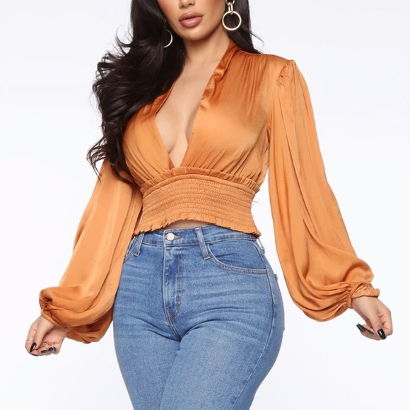 Rust orange v-neck satin blouse - Picture 3 of 8
